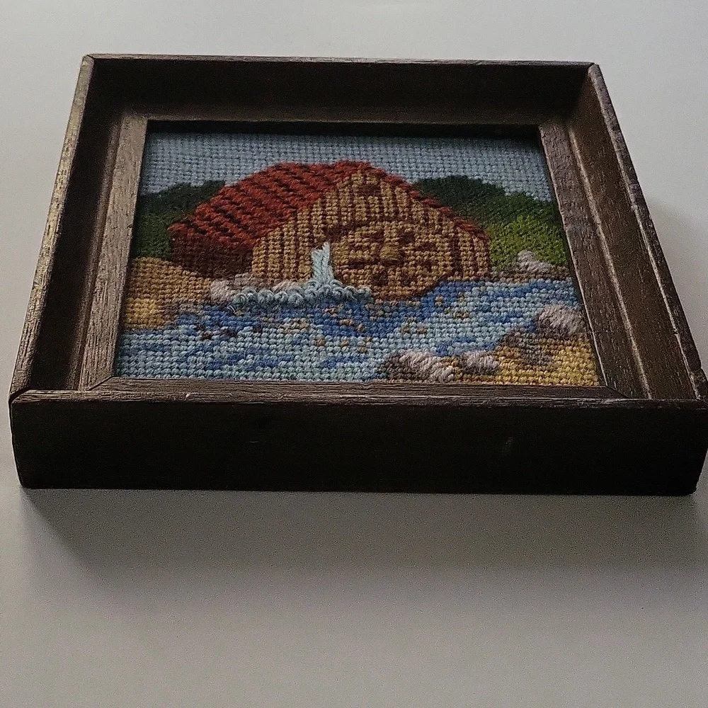 Farmhouse With A Mill Waterwheel In A River Vintage Framed Needlework - Picture 5 of 8